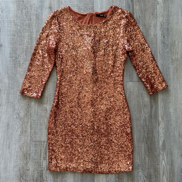 ASOS Rose Gold Sequin Mini Dress Long Sleeve Bodycon Party Cocktail Medium - Picture 2 of 15